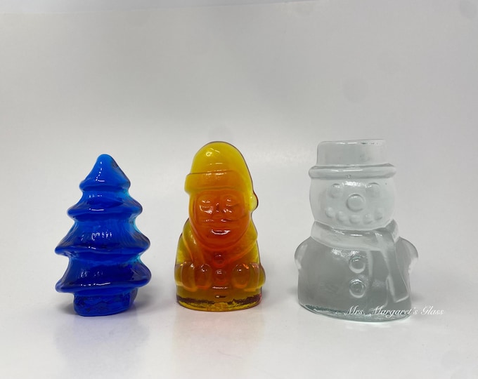 Blenko Glass Christmas Holiday Figurine Trio. Blue Christmas Tree. Crystal Clear Snowman. Tangerine Santa Claus.
