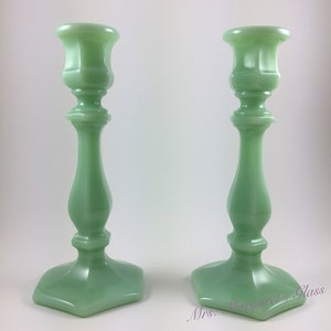 Set of Two. Mosser Glass Jadeite Candlestick Holders.