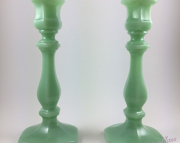 Set of Two. Mosser Glass Jadeite Candlestick Holders.