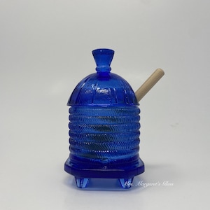 Wilkerson Glass Cobalt Blue Uranium Glow Bee Hive Honey Pot With Wooden Dipper