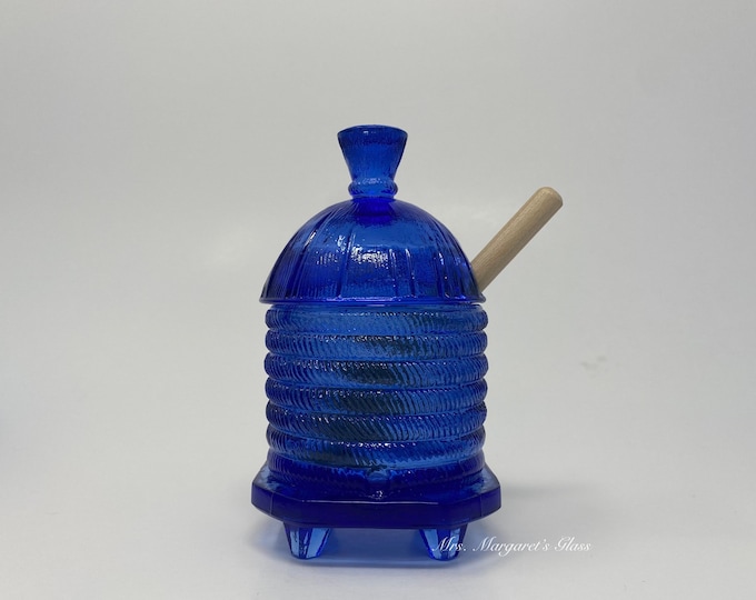 Wilkerson Glass Cobalt Blue Uranium Glow Bee Hive Honey Pot With Wooden Dipper