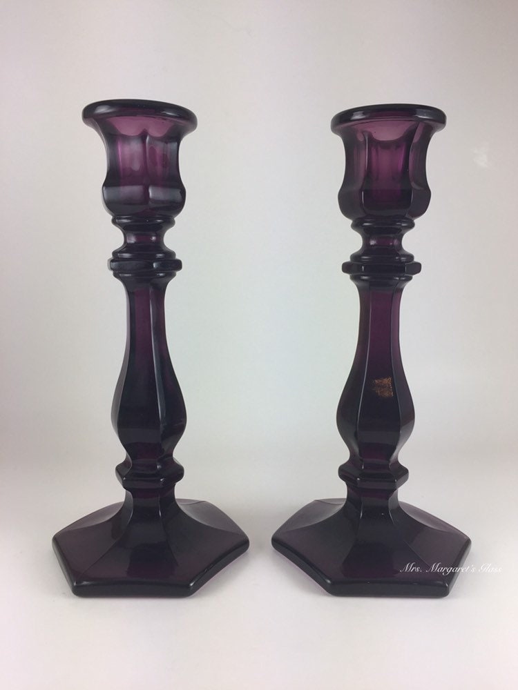 Set of Two Mosser Glass Amethyst Purple Candlestick Holders