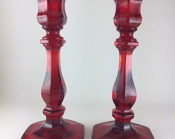 Set of Two Mosser Glass Ruby Red Candlestick Holders