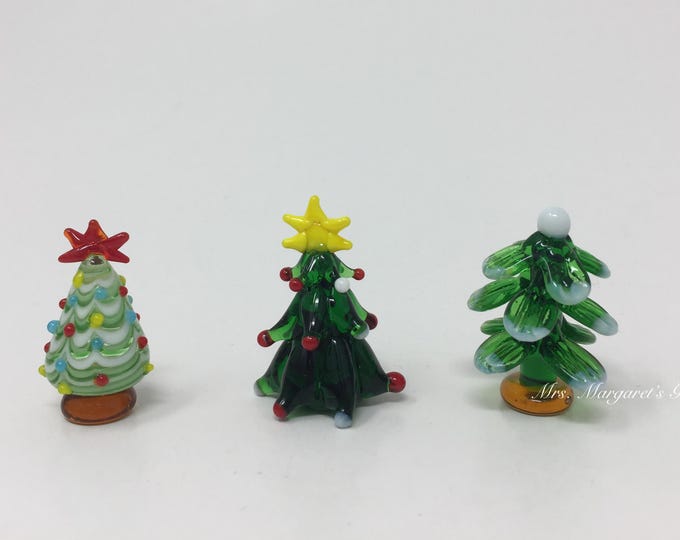 Set of Three. Miniture Glass Lampwork Christmas Trees.