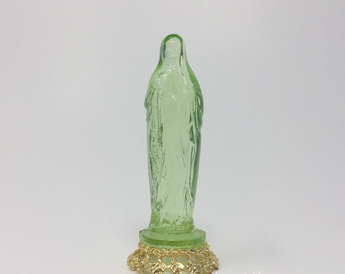 Wilkerson Glass Lime Green Uranium Blessed Virgin Mary/ Madonna Figure On Gold Base