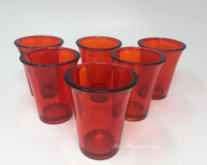 Set of Six. Punxsutawney Glass 24 hour Ruby-Orange Church Candle Votive Holder.
