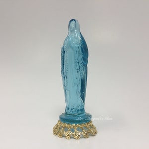 Wilkerson Glass Stardust Blue Blessed Virgin Mary/ Madonna Figure On Gold Base UV Pink Glow