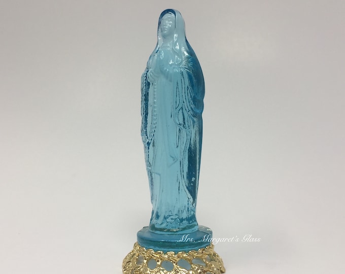 Wilkerson Glass Stardust Blue Blessed Virgin Mary/ Madonna Figure On Gold Base UV Pink Glow
