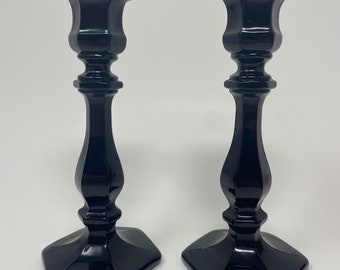 Set of Two. Mosser Glass Black Raspberry Candlestick Holders.