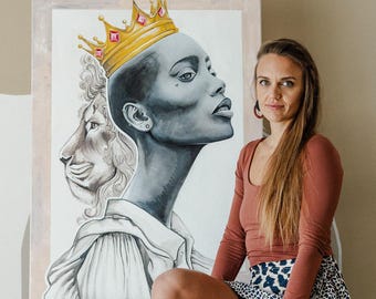 Queen of Lions – Original Acrylic Painting | Large 28x39 inch Canvas Art | Powerful Woman and Lion Portrait | Statement Wall Decor