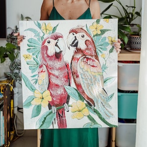 Jungle Serenade – Original Tropical Parrot Painting | 24x28 inch Acrylic & Oil on Canvas | Vibrant Bird Wall Art | Exotic Home Decor