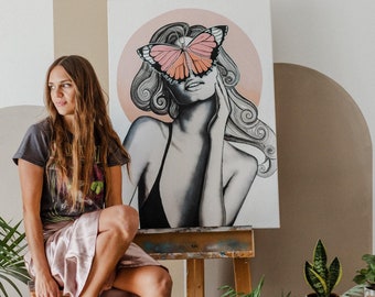 Butterfly Woman Art - Original Acrylic Canvas Painting 40&quot; x 28&quot; Surreal Female Portrait - Unique Wall Art - Modern Figurative Artwork