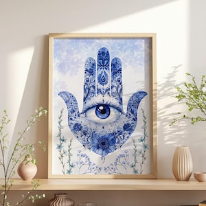 Hamsa Evil Eye Art | Blue Watercolor Judaica Print | Spiritual Protection Decor | Mystical Hamsa Hand | Jewish Home Blessing | Israel Art