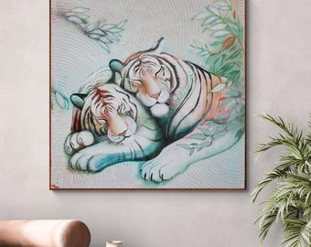 Sleeping Tigers Canvas Print – Serene Big Cat Wall Art, Peaceful Jungle Decor, Pastel Wildlife Painting, Tranquil Bedroom Artwork