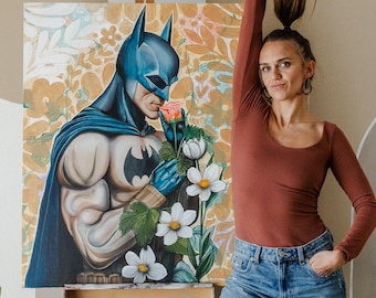 Custom Superhero-Inspired Original Painting – Masculine Portrait with Florals – 32×40″ Canvas – One‑of‑a‑Kind, Ready to Hang