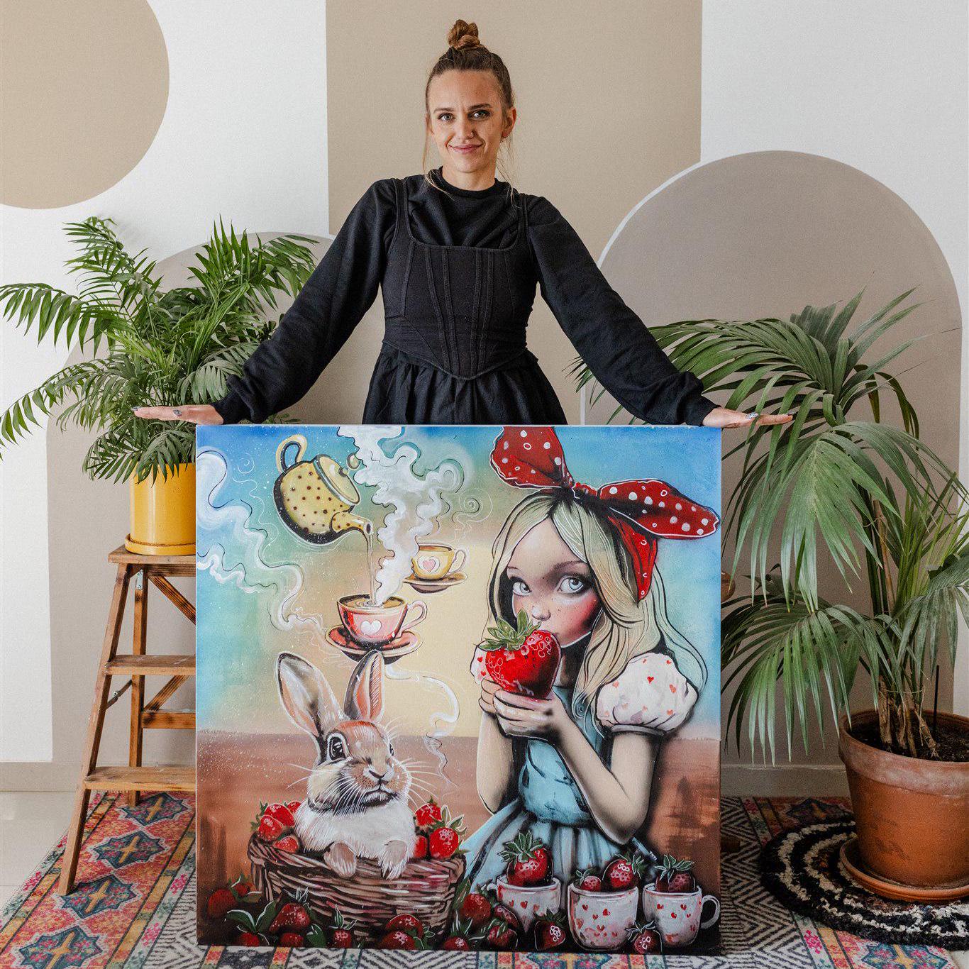Alice in Wonderland Original Painting - Large 37x37" Acrylic on Canvas - Fine Art Collectible - Fantasy Surrealist Artwork - Statement Piece