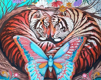 Tiger Love Painting – Jungle Wall Art Print, Colorful Butterfly and Tiger Canvas, Whimsical Animal Decor, Vibrant Wildlife Artwork