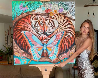 Tiger Love Painting – 38″×38″ Original Mixed Media Canvas, Whimsical Jungle Art, Vibrant Butterfly Wall Decor, Boho Animal Art for Home
