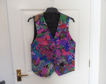 Womens size 10 purple/black applique waistcoat in Kaffe Fassett fabric (33"to34"bust 79 to 82cm)