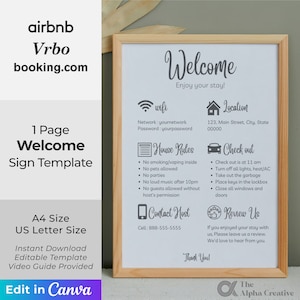 1 strona Airbnb, Vrbo Powitalny znak do wydrukowania Szablon|Przewodnik powitalny AirBnB|Znak z instrukcją wymeldowania Airbnb|Zasady domu |VRBO, Canva Edytowalny