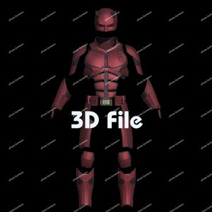 Puede incluir: Un disfraz de superhéroe rojo desmontado con casco, peto, protectores de brazos y piernas y cinturón. El peto tiene un logotipo "D" blanco. Las palabras "3D File" están en texto blanco en el centro. Fondo negro.