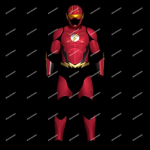 May include: A red and black superhero costume with gold accents. The suit features a helmet with yellow lenses, a chest emblem, and a lightning bolt design. The costume is likely for cosplay or a themed event.
