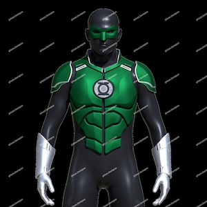 May include: A Green Lantern superhero costume. The costume features a green and black bodysuit with a green mask, chest armour, and the Green Lantern symbol. Silver gauntlets complete the look. The image is set against a black background.