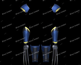 May include: A set of blue and yellow articulated robot arms with silver claws. The arms are posed in a fighting stance.
