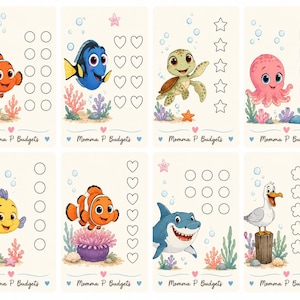 Può includere: Otto carte rettangolari con scene sottomarine e creature marine animate, tra cui un pesce pagliaccio, un pesce chirurgo, una tartaruga, un polpo, un pesce giallo, uno squalo e un gabbiano. Ogni carta ha una sezione di tracciamento e il testo Momma P Budgets.