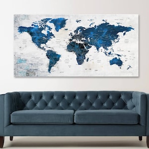 Weltkarte Wandkunst, Push Pin Abenteuerkarte, Marineblau Weltkarte Leinwand, große Leinwand Wandkunst, Geschenk für Haus, Büro Dekoration, Wanddekoration