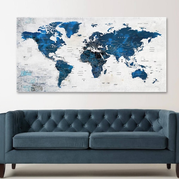 World Map Wall Art, Push Pin Adventure Map, Navy Blue World Map Canvas, Large Canvas Wall Art, Home Gift, Office Decor, Wall Decor