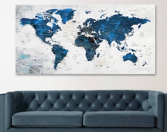World Map Wall Art, Push Pin Adventure Map, Navy Blue World Map Canvas, Large Canvas Wall Art, Home Gift, Office Decor, Wall Decor