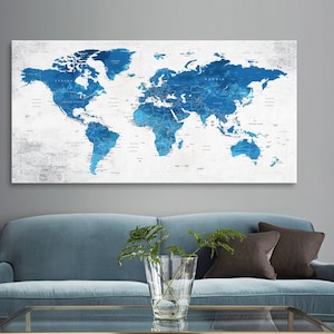 World Map Teal Canvas Wall Art, Blue Push Pin Travel Adventure Map, Canvas Decor, Home Gift, Office or Living Room Wall Decor