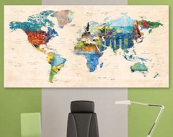 World Map Canvas, Push Pin Travel Map, World Map Of Collage With Vincent Van Gogh, Office Decor, Living Room Wall Decor, Home Gift, Van Gogh