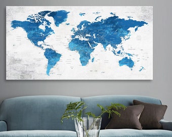 World Map Teal Canvas Wall Art, Blue Push Pin Travel Adventure Map, Canvas Decor, Home Gift, Office or Living Room Wall Decor