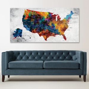 Art mural sur toile, carte des États-Unis, carte de voyage avec punaises, carte colorée des États-Unis, cadeau pour la maison, oeuvre d'art pour le bureau, décoration de salon, décoration de carte des États-Unis