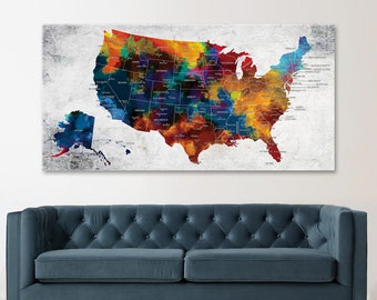 US Map Canvas Wall Art, Push Pin Travel Map, Colorful United States Map, Home Gift, Office Art, Living Room Decor, United States Map Decor