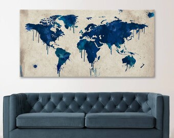 World Map Canvas Art, Navy Blue World Map, Watercolor Style Canvas Decor, Home and Office Decor, Blue Earth Art Decor