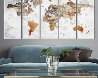 World Map Wall Art, Large Push Pin World Map Canvas, Soft Color Decoration Object