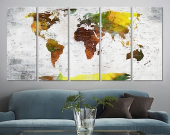 Large Canvas World Map Wall Art, Push Pin Travel Map, Soft Color Adventure Awaits Decoration Object, Home, Office, Living Room Decor