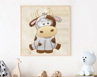 Cute Cow Printable File, Calf Painting Art for Kids Room Wall Art, Baby Cow Download Large JPG Print Files, DIY Decor for Nursery, SVG