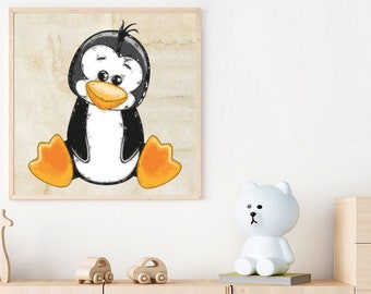 Cute Penguin Printable Art File, Baby Penguin Painting  Art for Baby Room Wall Art, Download XL JPG Print Files, DIY Decor for Nursery
