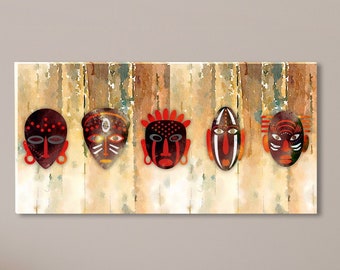 Mask Abstract Art Canvas, Tribal Modern Wall Art, African Mask Canvas Print, Ethnic Home Decor, Large Canvas Wall Art