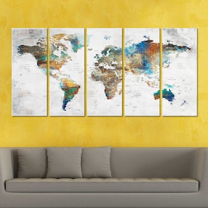 Weltkarte Poster Wandkunst, Push Pin Leinwand Dekor, Abenteuer Reise Karte, Erde Kunst Rustikale Farbe Dekorationsobjekt für Wohnzimmer