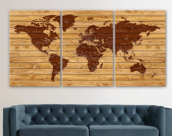 World Map Wall Art, Wooden Effect World Map Canvas, Push Pin Travel Adventure Decor, Home or Office Large Canvas Decor