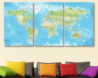 World Map Canvas Wall Art, Biosphere Colors Push Pin Map Decor, Original Design Travel Gift, Adventure Travel Gift, Home or Office Decor