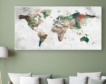 World Map Wall Art, Earth Colors Adventure Push Pin Travel Map on Canvas, Natural Colors Wall Art, Home, Office, Living Room Decor