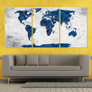 Grande toile d'art murale carte du monde, carte de voyage avec punaises, aventure bleu marine vous attend, objet de décoration, maison, bureau, salon