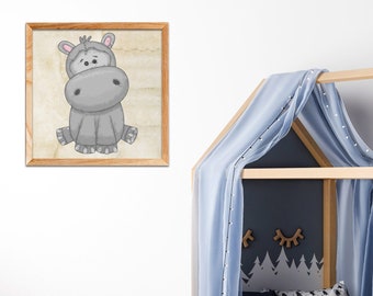 Cute Hippo Printable Art File, Baby Hippo Painting  Art for Baby Room Wall Art, Download XL JPG Print Files, DIY Decor for Nursery
