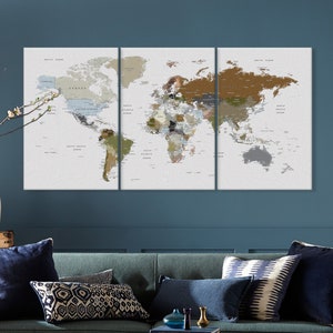 World Map Wall Art, Earth Colors Adventure Push Pin Travel Map on Canvas, Soft Natural Colors Earth Art, Home, Office, Living Room Decor image 2